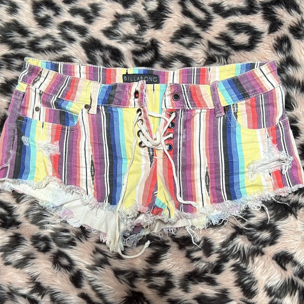 Billabong Women's Multicolor Striped Lite Hearted Jean Shorts w/ Tie Waist